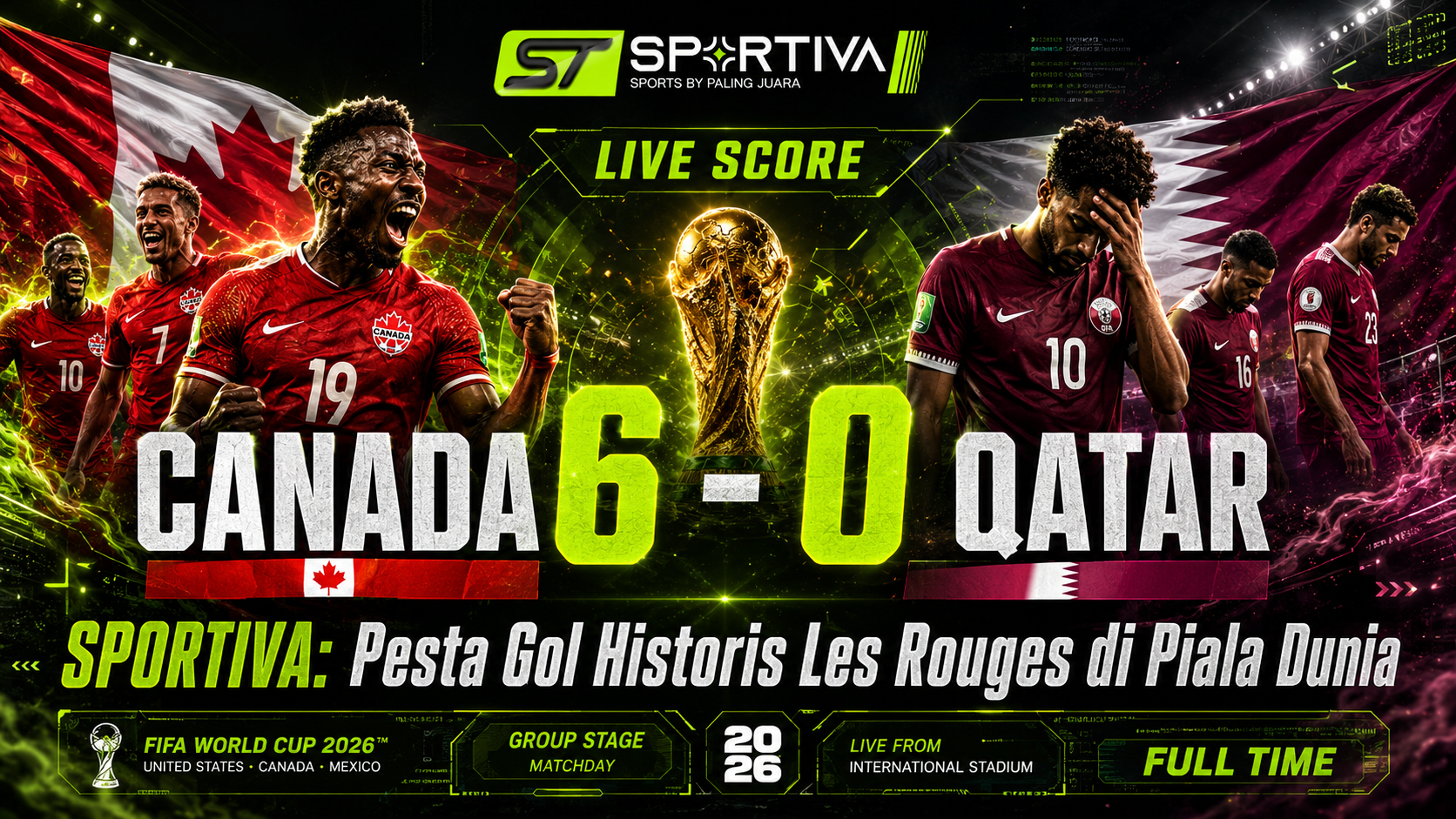 Live Score Canada 6 - 0 Qatar : Pesta Gol Historis Les Rouges di Piala Dunia